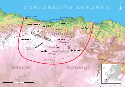 Cantábria romana durante o período das Guerras Cantábricas. O mapa indica as fronteiras do território cântabro em relação à Cantábria atual, bem como as diferentes tribos que o habitavam, as povoações vizinhas, cidades e acidentes geográficos interpretados a partir de fontes clássicas.