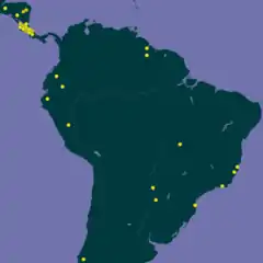Mapa mostrando a distribuição confirmada de Carinetas pela América Latina.