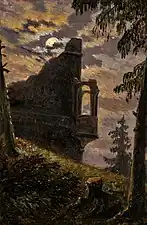 Luar atrás da ruína do castelo com alcova.