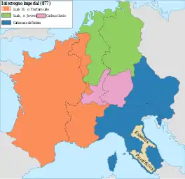 Frância Oriental (verde) em 877.