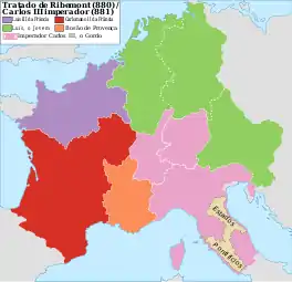 Frância Oriental (verde) em 881.