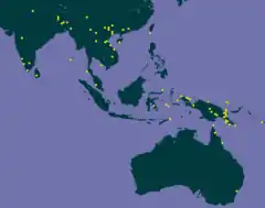 Mapa mostrando a distribuição geográfica de C. ulens L. com enfoque na Ásia e Oceania.