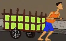 Desenho de um catador de materiais recicláveis, puxando sua carroça de materiais recicláveis a pé