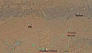 Mapa do quadrângulo de Cebrenia A sonda Viking II aterrisou próximo à cratera Mie. É provável que o vulcão Hecates possua geleiras em suas encostas.