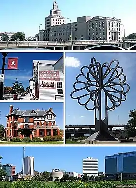Do topo, da esquerda para a direita: Mays Island; Czech Village, Brucemore, Tree of Five Seasons; centro de Cedar Rapids