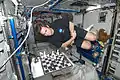 O astronauta Chamitoff joga xadrez no módulo Harmony.
