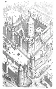 O Louvre na época de Carlos V da França (1338–1380), desenhado por Eugene Viollet-le-Duc