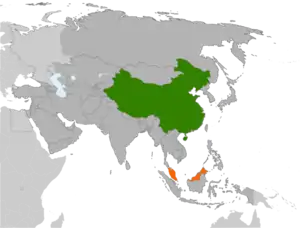 Mapa indicando localização da China e da Malásia.
