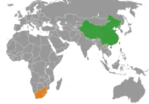Mapa indicando localização da África do Sul e da China.
