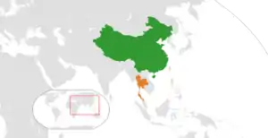 Mapa indicando localização da China e da Tailândia.