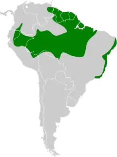 As florestas da região neotropical (mapa), no Caribe (Tobago), norte e oeste da América do Sul, até região sudeste do Brasil (no Rio de Janeiro), são o habitat do tangará-falso.