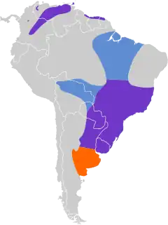 Distribuição do gavião-do-banhado no Brasil e países vizinhos