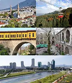 No sentido dos ponteiros do relógio desde o canto superior esquerdo: 1) Torre do relógio de Bursa; 2) Zafer Plaza; 3) A vista do centro da cidade; 4) Bursa Parque Botânico; 5) Teleférico de Uludağ
