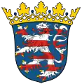 Leão barrado de dez argento e gules nas armas do estado alemão de Hesse