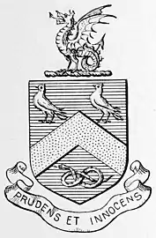 Serpe no topo do brasão de Dr. Thomas Kingsbury, membro do King and Queen's College of Physicians, Irlanda (1742).