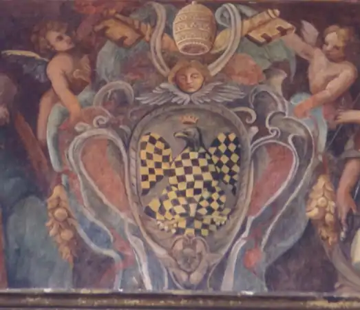Afresco do brasão de Inocêncio com os elementos heráldicos completos dos papas, no Palazzo del Commendatore, parte do Hospital do Espírito Santo in Sassia, Roma, hospital fundado por Inocêncio durante o seu reinado.