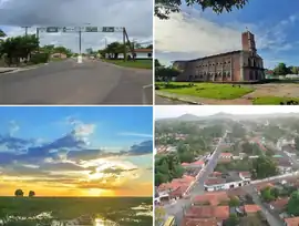 De cima para baixo, da esquerda para a direita: 
A entrada da sede da cidade; A Igreja Matriz de Nossa Senhora do Rosário; Paisagem dos campos alagados; Vista aérea da sede do município.