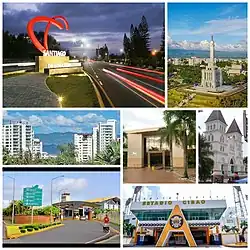 Do topo para baixo e da esquerda para direita: Entrada da cidade de Santiago, Monumento aos Heróis da Restauração, Vista panorâmica da cidade, Centro Cultural Eduardo León Jiménez, Catedral de Santiago Apóstolo, Aeroporto Internacional do Cibao, Estádio Cibao.