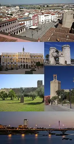 De cima para baixo e da esquerda para a direita: 1)&nbsp;Praça Alta; 2)&nbsp;Ayuntamiento (Praça de Espanha); 3)&nbsp;Porta de Palmas; 4)&nbsp;Estátua de ibne Maruane na Alcáçova de Badajoz; 5)&nbsp;Torre de Espantaperros; 6)&nbsp;Ponte Real, Ponte da Universidade e edifício-sede da Caja Badajoz.