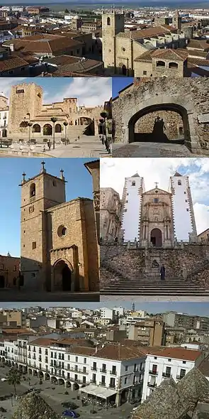 De cima para baixo e da esquerda para a direita: 1) Centro histórico e concatedral; 2) Plaza Mayor; 3) Arco da Estrela, uma das portas da muralha; 4) Concatedral; 5) Igreja de São Francisco Xavier; 6) Plaza Mayor vista da Torre Bujaco.