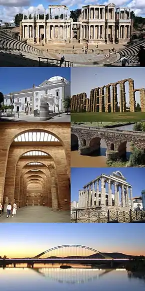 De cima para baixo e da esquerda para a direita: 1. Teatro romano; 2. Hospital de São João de Deus (Assembleia da Estremadura); 3. Aqueduto romano dos Milagres; 4. Museu Nacional de Arte Romana; 5. Ponte romana; 6. Templo de Diana; 7. Ponte Lusitânia