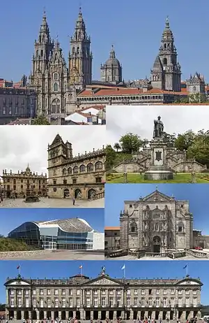 De cima para baixo e da esquerda para a direita: 1)&nbsp;Catedral de Santiago vista de sudoeste (lado da Fachada do Obradoiro; 2)&nbsp;Praça de Praterías; 3)&nbsp;Parque Alameda; 4)&nbsp;Cidade da Cultura da Galiza; 5)&nbsp;Igreja do Mosteiro de São Martinho Pinário; 6)&nbsp;Paço de Raxoi