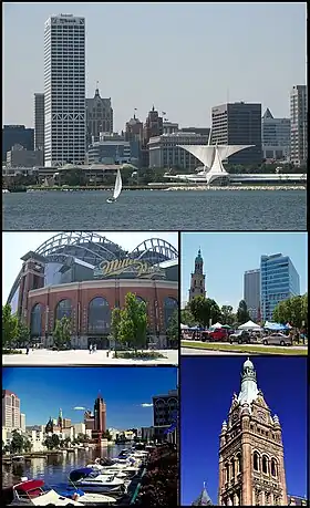 Do topo, da esquerda para a direita: Panorama de Milwaukee, Miller Park, Catedral de São João, o Evangelista, Rio Milwaukee e Prefeitura de Milwaukee