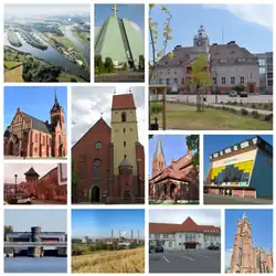 Do topo: Canal de Gliwice, igreja de Santo Eugênio de Mazenod, Gabinete distrital, igreja de São Nicolau, igreja de São Sigismundo e Santa Edviges da Silésia, igreja evangélica de Augsburgo, Pavilhão de Esportes e Lazer, castelo, eclusa Kłodnica, Grupa Azoty ZAK, estação ferroviária, igreja de Santa Catarina de Alexandria