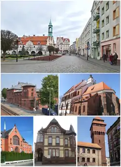 Do topo: Prefeitura, estação ferroviária, igreja do Cristo Salvador, convento elisabetano, vila de Krug, torre do portão de Cracóvia