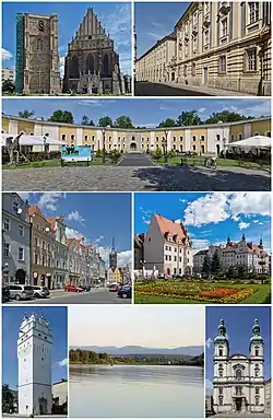 Do topo: Basílica de São Tiago e Santa Inês, Carolinum, fortaleza de Nysa, Cidade Velha, praça principal, Torre Breslávia, lago Nyskie, igreja da Assunção da Bem-Aventurada Virgem Maria