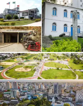 Do topo para baixo e da esquerda para direita; Fórum da Comarca de Criciúma; Mina de Visitação Octávio Fontana; Museu Augusto Casagrande; Parque Municipal Prefeito Altair Guidi; vista aérea da região central.