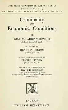 Frontispício de Criminality and Economic Conditions, tradução da tese de doutorado de Bonger para o inglês em 1916.