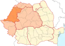 A parte romena da Crișana (em laranja) no mapa da Romênia