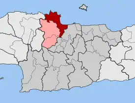 Localização da unidade municipal de Gazi (vermelho) e do município de Malevizi (rosa) na unidade regional de Heraclião