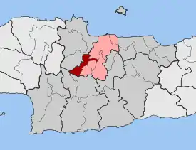 Localização da unidade municipal de Gorgolainis (vermelho) no município de Heraclião (rosa) e na unidade regional homónima