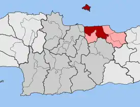 Localização da unidade municipal de Gúves (vermelho) no município de Chersonissos (rosa) e na unidade regional de Heraclião