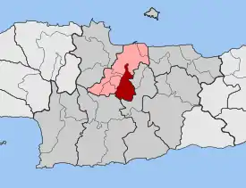 Localização da unidade municipal de Témenos (vermelho) no município de Heraclião (rosa) e na unidade regional homónima