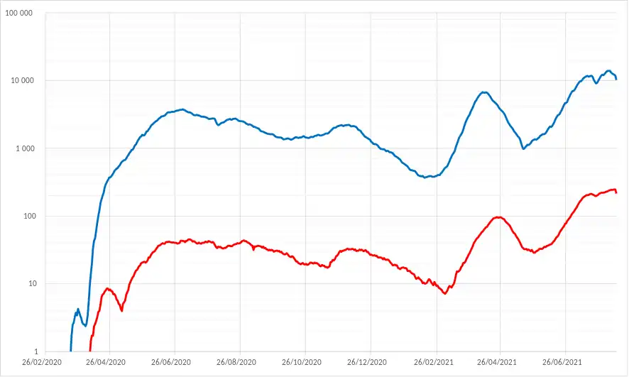 Linha azul - nº de casos diários, linha vermelha: nº de mortes diárias