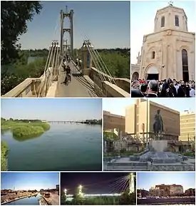 De cima para baixo e da esquerda para a direita: 1) ponte pênsil de Deir Zor; 2) Memorial do genocídio arménio; 3) rio Eufrates; 4) praça 8 de março; 5) canal de irrigação; 6) ; 7) ponte pênsil à noite; 8) centro da cidade