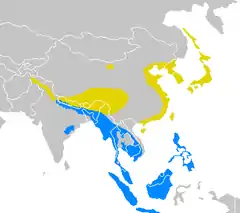 Em amarelo: breeding range (falta tradução)Em azul: wintering range (falta tradução)