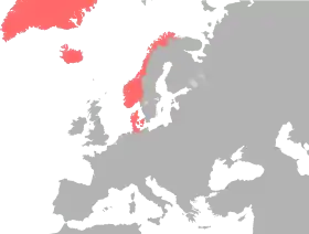 Localização de Dinamarca e Noruega