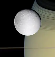 No centro da imagem, uma esfera branca, brilhante, com superfície suave, exceto por algumas crateras pequenas. ao fundo, parte de Saturno, cor bege, com sua parte superior obscurecida. Na parte inferior, faixa horizontal clara.