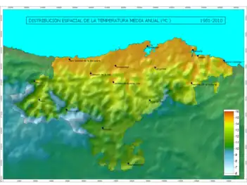 Distribuição espacial da temperatura média anual na Cantábria