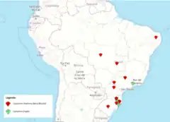 Distribuição das Cystopteridaceae no Brasil. Cystopteris diaphana (em vermelho) e Cystioteris fragilis (em verde). Mapa retirado do Herbário Virtual Reflora.