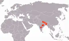 Distribuição atual do tigre-de-bengala.
Regiões da Índia, Nepal, Butão.