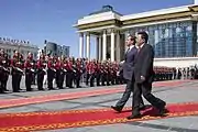 Dmitry Medvedev, o então presidente da Rússia, na Praça Sükhbaatar em agosto de 2009.
