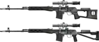 Fuzil SVD Dragunov (acima) com a coronha fixa vazada e o SVDS com coronha esquelética e dobrável.