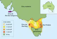 Distribuição histórica dos taxa do emu. Área de ocorrência do D. n. minor em vermelho e antigas faixas de litoral ao redor da Tasmânia.