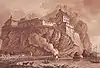 Dumbarton castle in 1800 and functioning lime kiln with smoke in the foreground.