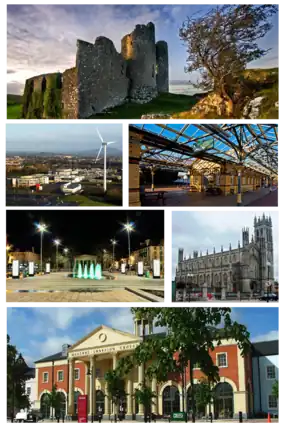 Da esquerda para a direita e de cima para baixo: 1) Castelo Roche; 2) Instituto de Tecnologia de Dundalk; 3) Estação Clark; 4) Market Square; 5) Igreja de São Patrício; 6) Centro comercial The Marshes